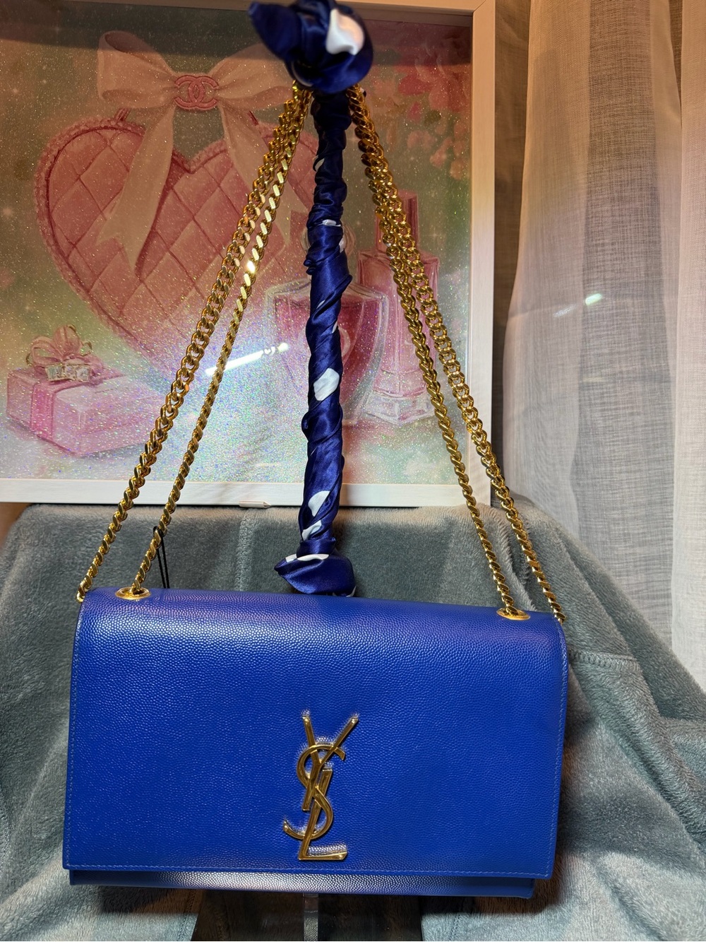 Saint Laurent Royal Blue Leather Chain Shoulder Bag with Gold Hardware